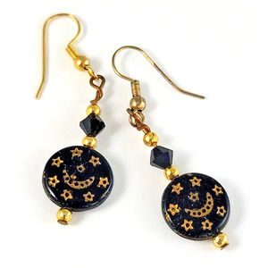 Zodiac Earrings Moon and Stars Gold on Black Disc